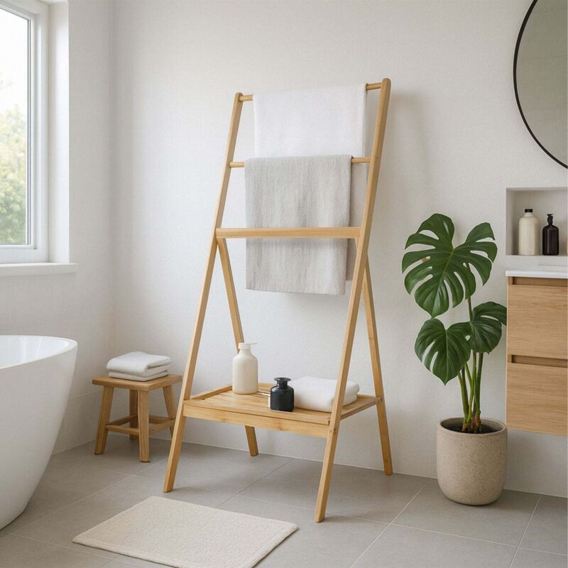 Porte serviettes en bambou avec etagere - autoportant pliable