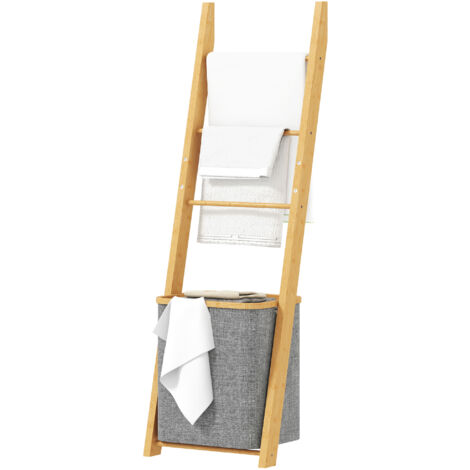 Porte-serviettes en bambou gris avec panier à linge, 43x35x133 cm