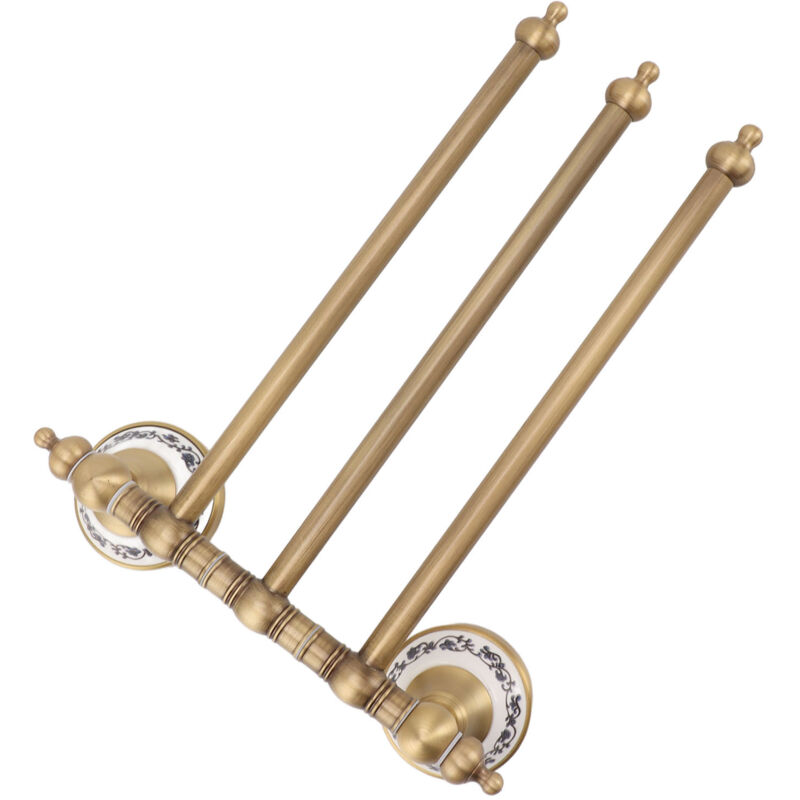 Porte-serviettes en laiton massif rétro à l’aspect ancien (style porcelaine bleu-blanc antique), barre pivotante à trois bras pour salle de bain de