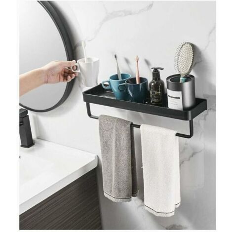 Porte-Serviettes, étagère carrée Salle de Tablette avec Towel et Mur montées sur Rail, en Alliage d'aluminium Solide Fini Noir Mat,Noir,30cm