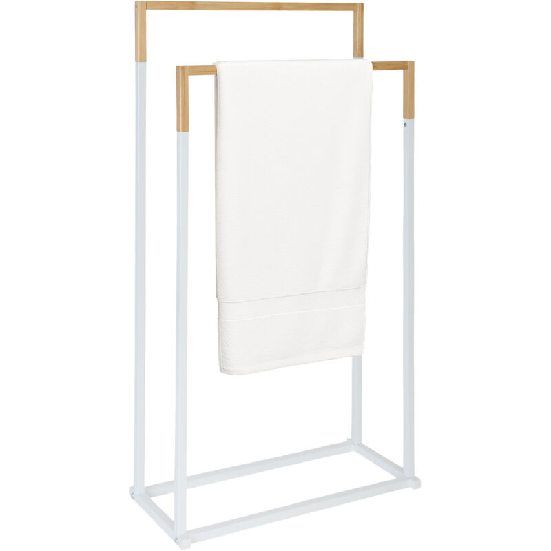 Porte-serviettes Relaxdays, H x L x P : 86 x 44 x 21 cm, métal, bambou, 2 barres, sur pied, blanc/nature