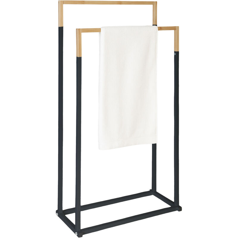 Porte-serviettes Relaxdays, H x L x P : 86 x 44 x 21 cm, métal, bambou, 2 barres, porte-serviettes debout, noir/nature