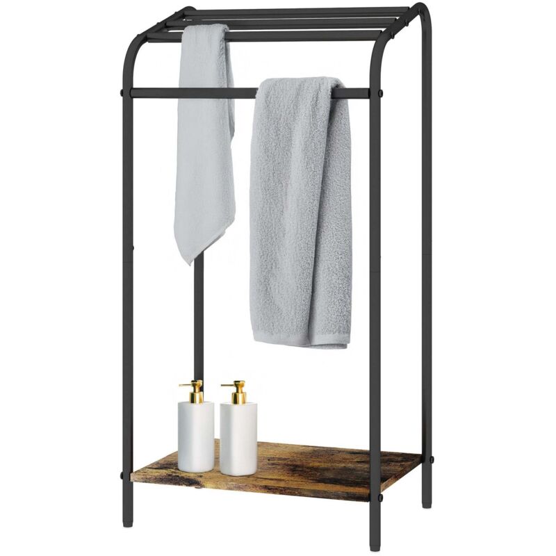 Porte serviettes industriel avec etagere - metal noir et bois