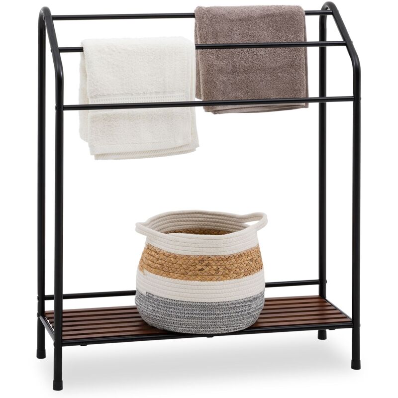 Idimex - Porte-serviettes leandro, en métal laqué noir et tablette en pin