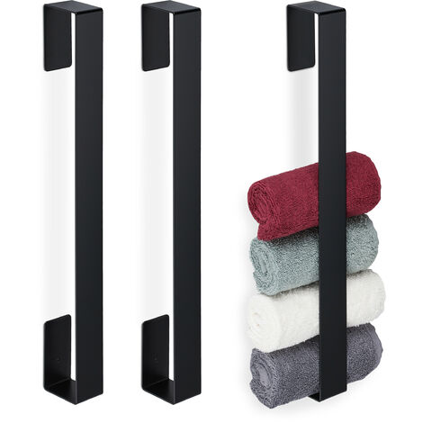 Porte-serviettes, lot de 3, inox 430, salle de bain, cuisine, support autoadhésif, sans perçage, HLP 45 x 4 x 6 cm, noir
