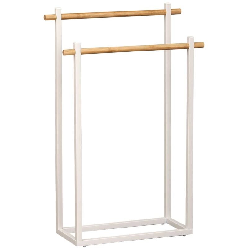 Tendance - Porte serviettes metal structure rectangulaire et 2 barres bambou - blanc bambou