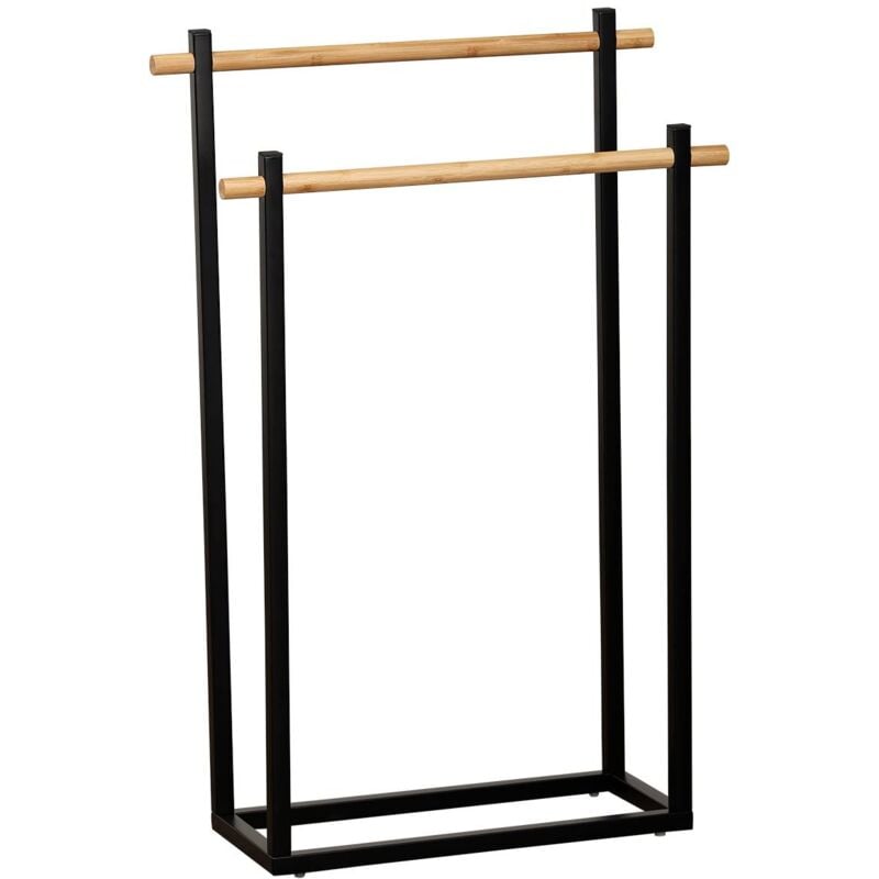 Tendance - Porte serviettes metal structure rectangulaire et 2 barres bambou - noir bambou