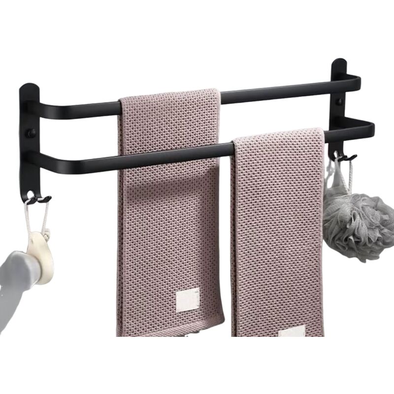 Porte-serviettes mural avec 2 crochets porte-serviettes pour salle de bain hôtel cuisine noir double couche 30 cm