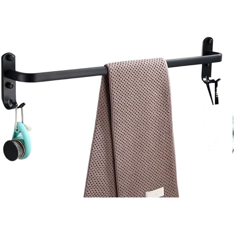 Porte-serviettes mural avec 2 crochets porte-serviettes pour salle de bain hôtel cuisine noir simple couche 50 cm