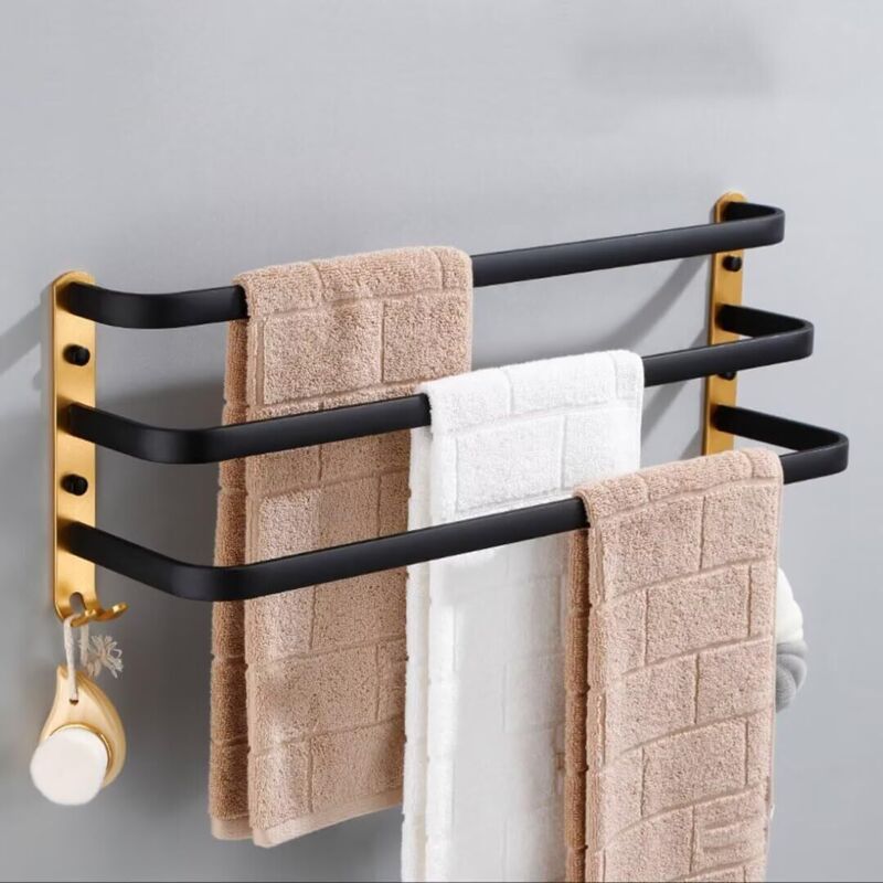Porte-Serviettes Mural avec 2 Crochets Porte Serviettes Salle de Bain Etagères Serviette en Aluminium Noir + Or 3 Couche 30cm