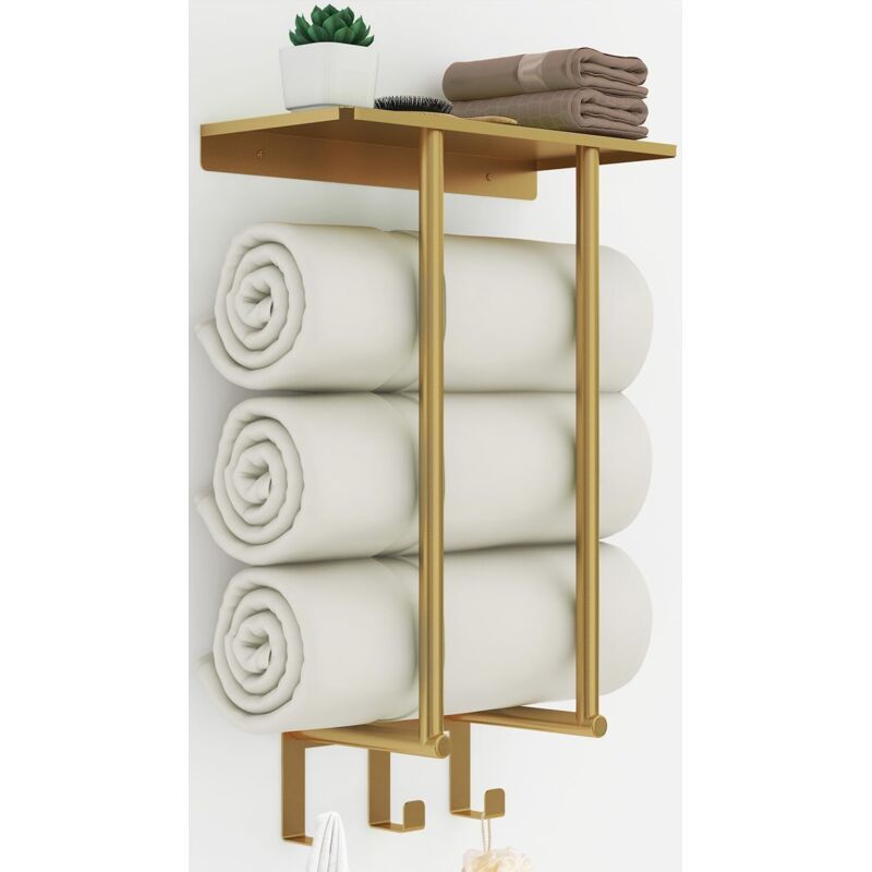 Porte-serviettes mural avec étagère métallique et 3 crochets, pour salle de bain. Porte-serviettes mural doré en métal.
