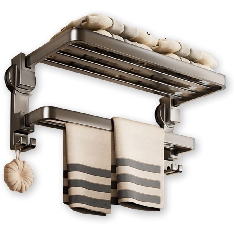 Porte-serviettes mural avec ventouse, sans perçage, pliable à 90°, 7 crochets, double couche, 60 cm, noir