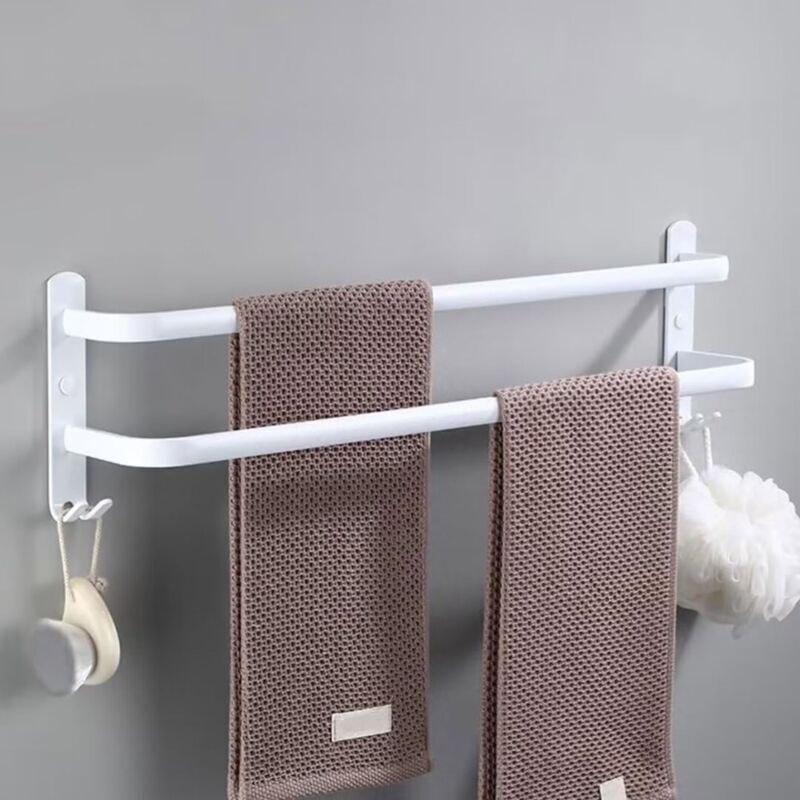 Porte-serviettes mural blanc à 2 niveaux, barre porte-serviettes de 61 cm, porte-serviettes en aluminium avec 2 crochets, pour salle de bain, hôtel,