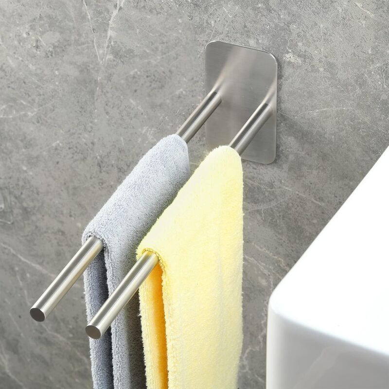 Porte-serviettes mural double barre multifonctionnel en acier inoxydable pour salle de bain et hôtel - Installation sans perçage - 39cm