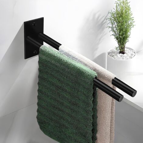 Porte-serviettes mural double bras (noir) pour salle de bain, sans perçage, 39 cm, autocollant.-AquaForge