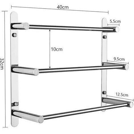 Porte-serviettes mural en acier inoxydable 304, pour montage mural/sur étagère, avec 3 barres, pour salle de bain et cuisine (chrome, 40 cm)