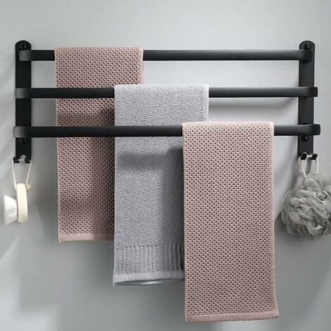 Porte-serviettes mural en aluminium 3 étagères – Crochets inclus – 50 cm étanche – Installation murale ou adhésive – Noir moderne