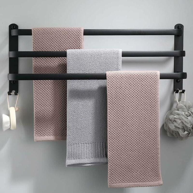 Ahlsen - Porte-serviettes mural en aluminium - 3 étages - Avec crochets - 50 cm - Étanche - Noir - Pour salle de bain, cuisine, salle de bain