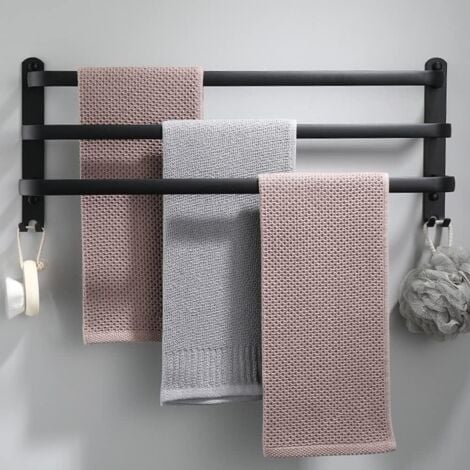 GROOFOO Porte-Serviettes Mural en Aluminium - 3 Étages - Avec Crochets - 80 cm - Étanche - Noir - Pour Salle de Bain, Cuisine, Salle de Bain