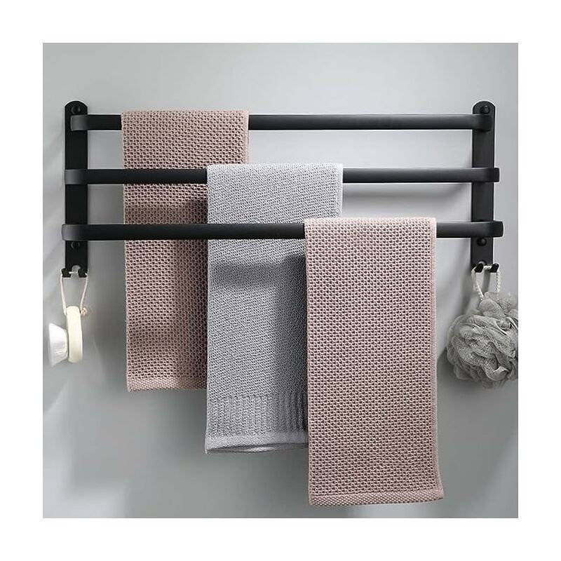 Porte-serviettes mural en aluminium 3 niveaux avec crochets 60 cm porte-serviettes noir étanche pour salle de bain cuisine salle de bain-