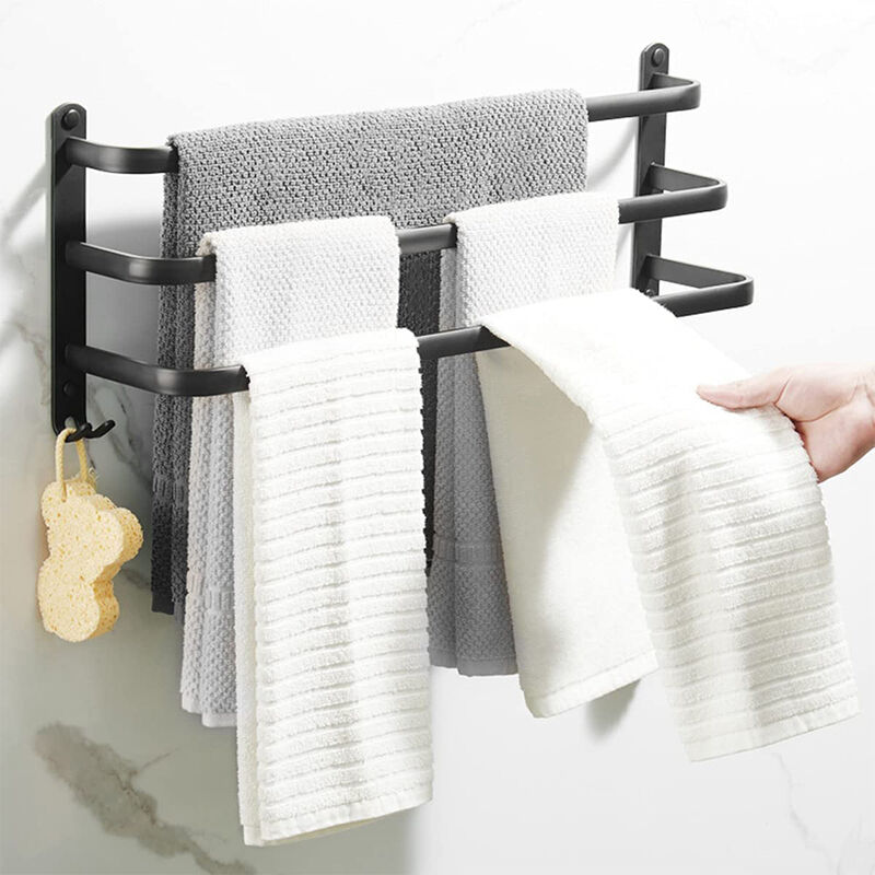 Porte-Serviettes Mural en Aluminium, Cintre 50 cm avec Crochets - 3 Étages pour Salle de Bain Organisateur de Stockage - Noir