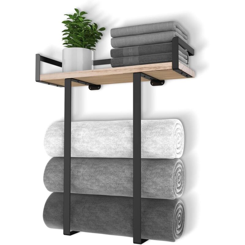 Porte-serviettes mural en métal avec étagère en bois – Rangement pour grandes serviettes pliées, organisateur de salle de bain compact et décoratif