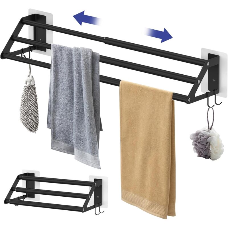 Porte-Serviettes Mural Extensible 34.5-62cm, Porte Serviette Murale Acier Inoxydable sans Forage et Forage, Seche Serviette Salle de Bain pour
