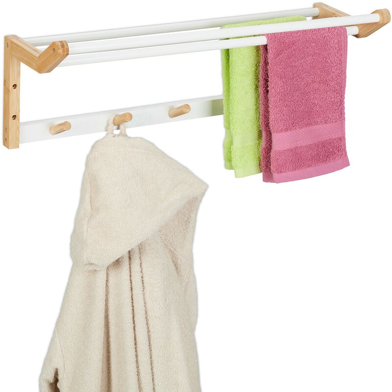 Relaxdays - Porte-serviettes mural, HxLxP : 22x60x20 cm, crochets & barres sèche-serviettes, bambou, naturel/blanc