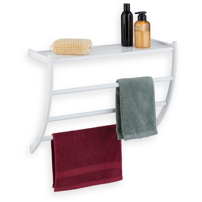 Porte-Serviettes Mural, HxLxP: 44 x 56,5 x 23 cm, Tablette & 3 Barres, Support Serviettes Salle de Bain, Blanc