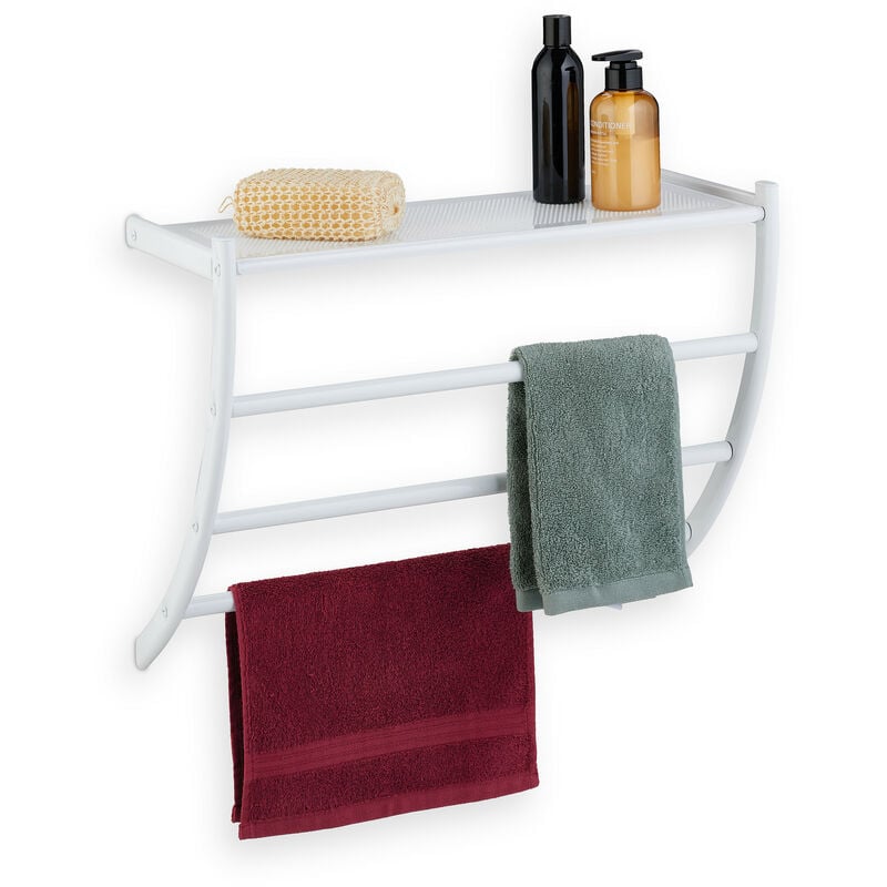 Porte-serviettes mural, HxLxP: 44 x 56,5 x 23 cm, tablette & 3 barres, support serviettes salle de bain, blanc - Relaxdays