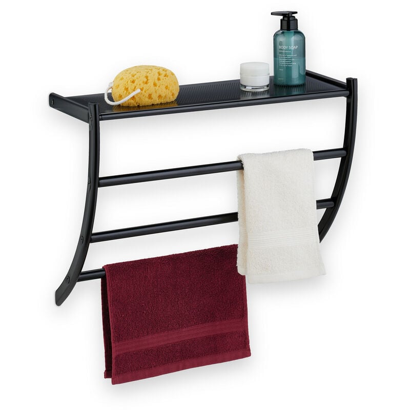 Porte-serviettes mural, HxLxP: 44 x 56,5 x 23 cm, tablette & 3 barres, support serviettes salle de bain, noir - Relaxdays