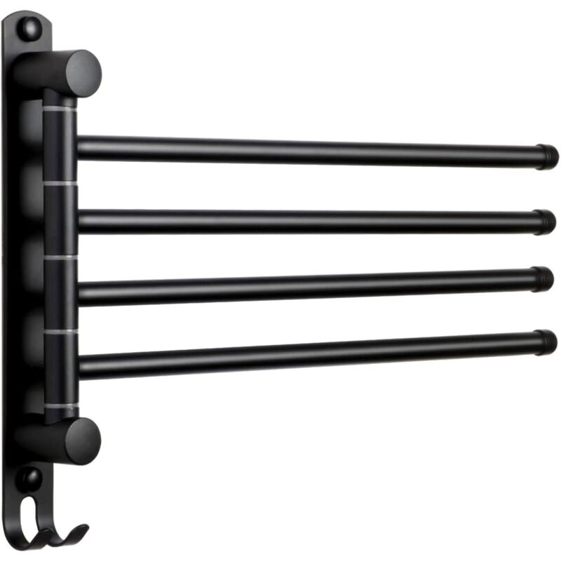 Porte-serviettes mural pivotant à 4 bras en acier inoxydable – Noir – Fixation adhésive ou vissée