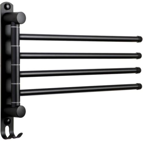 Porte-serviettes mural pivotant à 4 bras en acier inoxydable – Noir – Fixation adhésive ou vissée