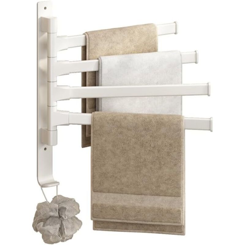 Porte-serviettes mural, porte-serviettes avec 4 tiges pivotantes à 180°, sans perçage, pour salle de bain et cuisine, blanc