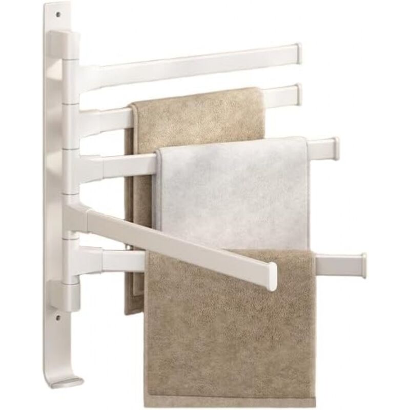Porte-serviettes mural, porte-serviettes avec 5 tiges pivotantes à 180°, sans perçage, pour salle de bain et cuisine, blanc