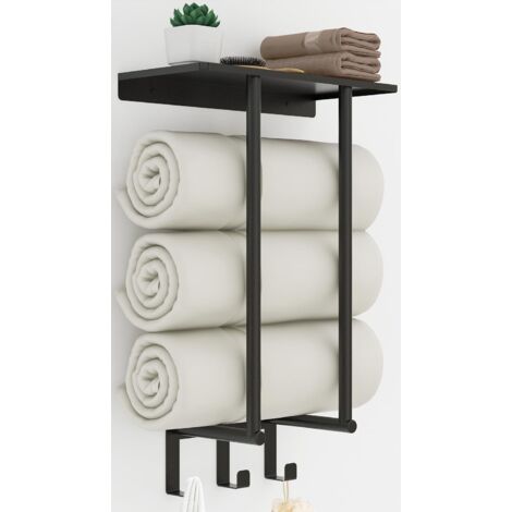 Porte-serviettes mural pour salle de bain, avec étagère métallique et 3 crochets, idéal pour les petites salles de bain, noir.