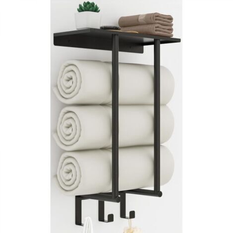 Porte-serviettes mural pour salle de bain, avec étagère métallique et 3 crochets, idéal pour les petites salles de bain, noir.