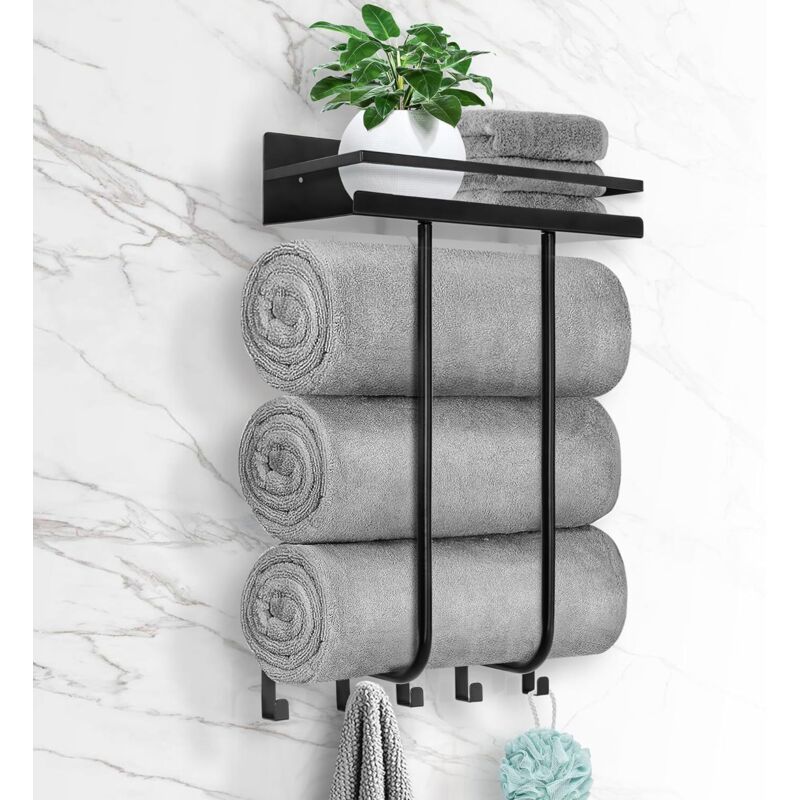 Porte-serviettes mural pour salle de bain, avec étagère métallique et 5 crochets, noir, idéal pour les petites salles de bain.