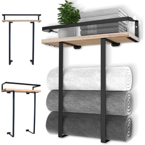 Porte-serviettes mural pour salle de bain, porte-serviettes en métal avec étagère en bois pour serviettes pliées de grande taille, rangement pour serviettes dans une petite salle de bain
