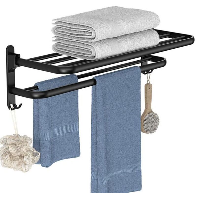 Porte-serviettes mural pour salle de bain - Sans perçage - Noir mat - 2 niveaux - Pliable - Mural autocollant en aluminium - 50 cm