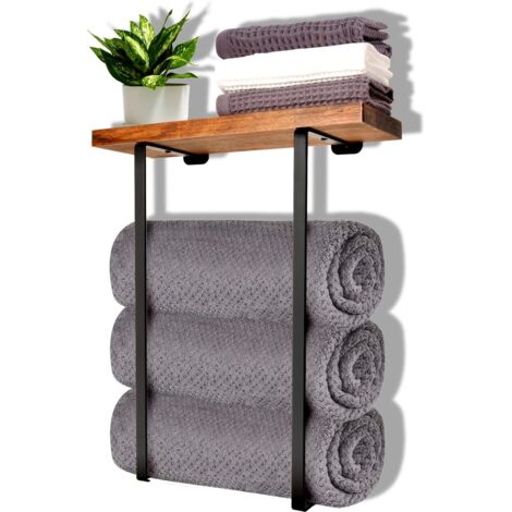 Porte-serviettes mural pour salle de bain Support en métal + barre transversale en bois massif Étagère de rangement noire simple