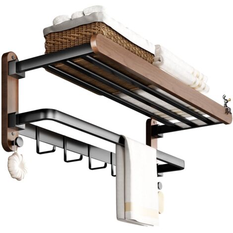 Porte-Serviettes Mural Rabattable (60 cm) - Étagère de Salle de Bain 3 Niveaux avec 7 Crochets - Design Noyer et Aluminium Antirouille - Fixation Sans Perçage ou à Vis