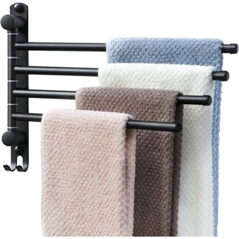 Porte-serviettes mural rotatif noir, porte-serviettes en acier inoxydable SUS304, porte-serviettes à 4 bras peu encombrant, porte-serviettes de salle de bain