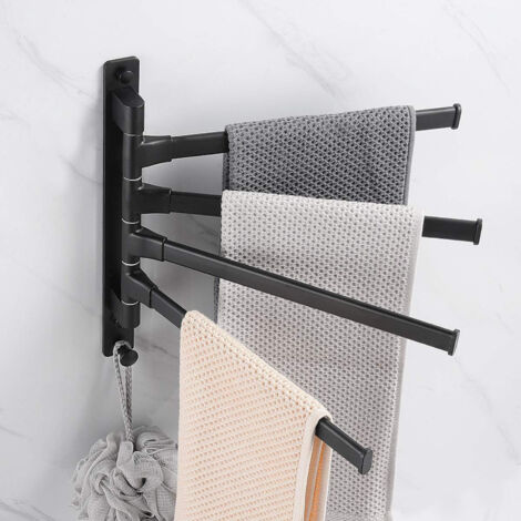 Porte-serviettes mural rotatif noir sans perçage à 4 bras pour angle de salle de bain