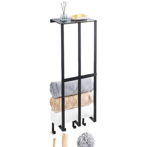 Porte-Serviettes Mural Vertical Noir Mat avec Étagère et 4 Crochets - Rangement Salle de Bain Gain de Place en Acier Inoxydable (Idéal Serviettes Roulées)