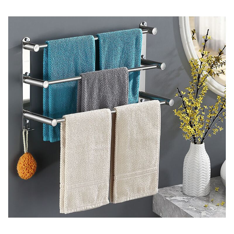 Serbia - Porte-serviettes murale Multilayer 304 en acier inoxydable - Fixation murale - 3 barres - Pour salle de bain et cuisine(50cm avec crochet)