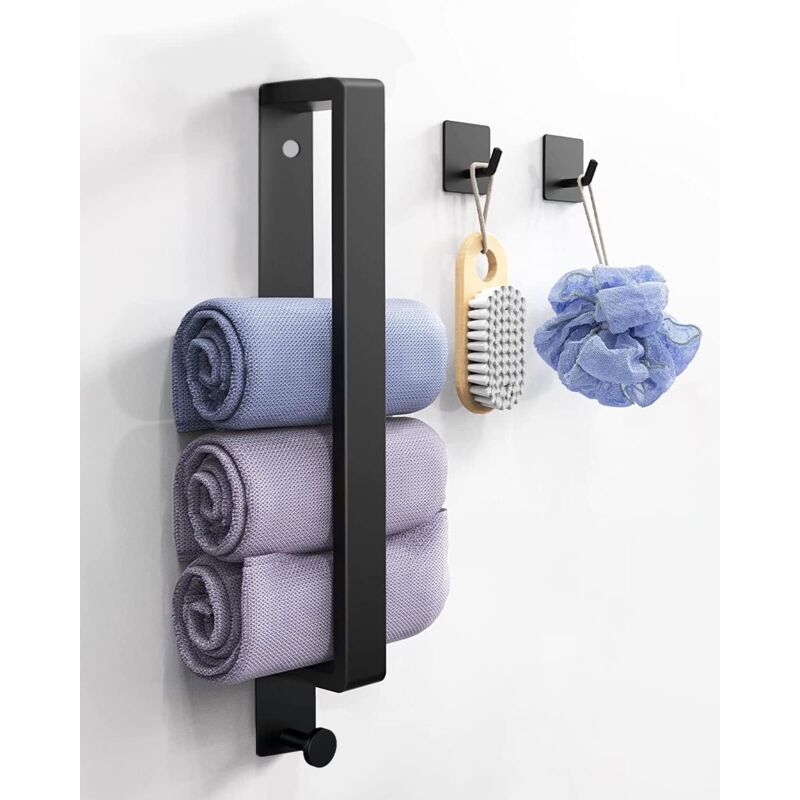 Porte-serviettes noir sans perçage - Porte-serviettes d'invités, porte-serviettes de salle de bain auto-adhésif en acier inoxydable avec 2 crochets,