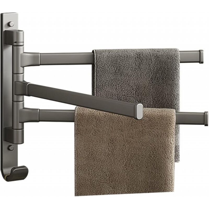 Porte-serviettes pivotant avec crochet, mural pivotant à 180°, porte-serviettes en aluminium, gris (3 bras)
