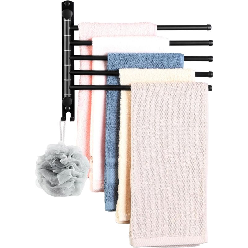 Serbia - Porte-serviettes pivotant, barre porte-serviettes à 5 bras en acier inoxydable, mural, avec crochets (noir mat)