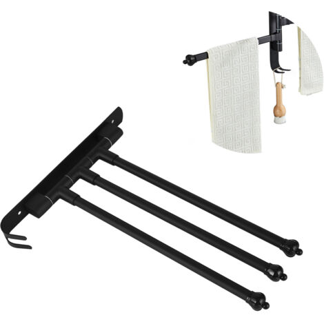 Porte-serviettes pivotant en acier inoxydable noir, 3 bras, barre porte-serviettes rotative et mobile pour salle de bain, dressing, cuisine, gain de place